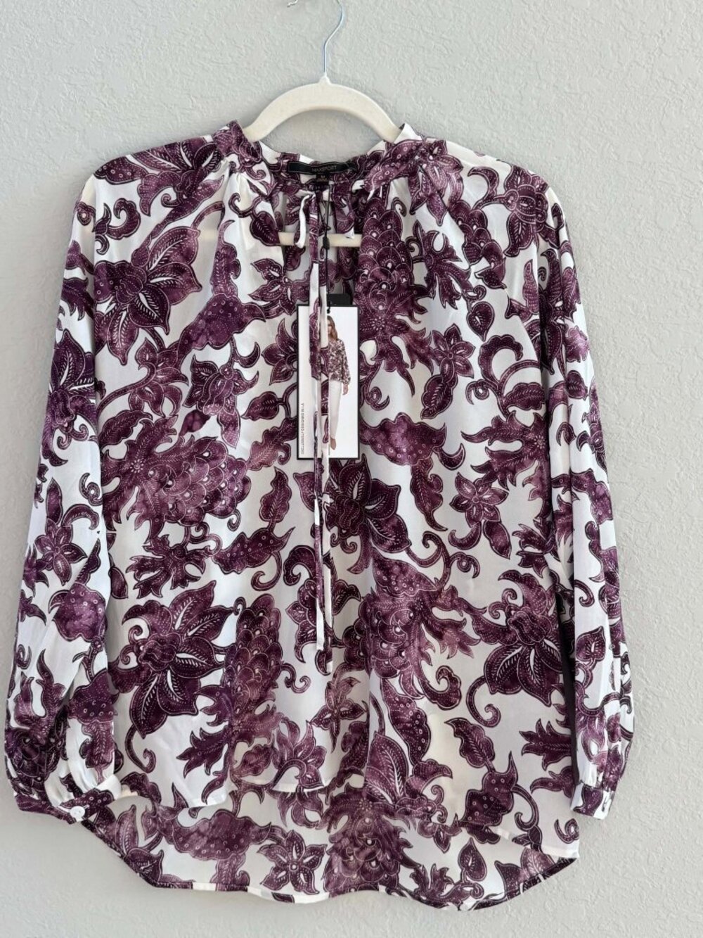 Max Sport Burgundy Floral Print Tie Neck Blouse Size M MSRP $168 - Picture 2 of 6